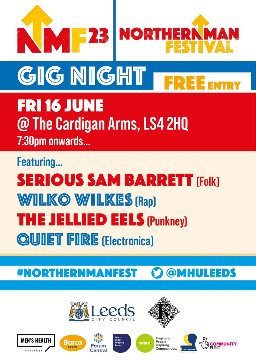 Fri 16 June Northern Man Festival gig FREE ENTRY! 7.30pm onwards Music for every taste! 🎤🎶🎸🥁🎙️ Cardigan Arms LS4 2HQ Part of #northernmanfest June 11 - 17 @BHILeeds @Touchstone_Spt @BARCALeeds @space2leeds @LeedsOPF @VolActionLeeds @LeedsMind @MindWellLeeds