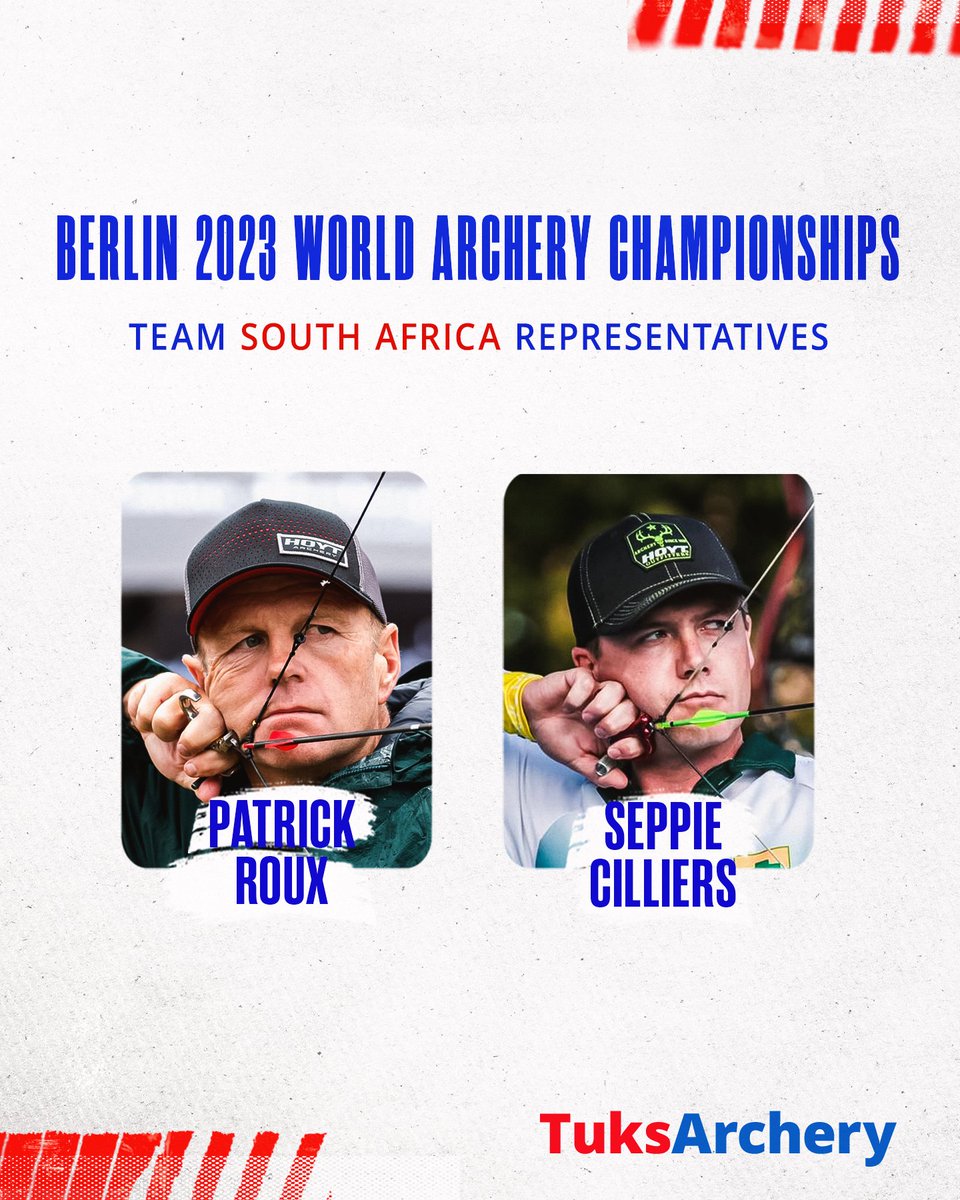 #TuksArchery: #ProudlyUP

Patrick Roux and Seppie Cilliers will represent Team 🇿🇦 South Africa at the upcoming Berlin 2023 World Archery Championships in Germany.

The major tournament will serve as a qualification entry for the #Paris2024 Olympics.

#Elevate2Greatness ⭐️💡