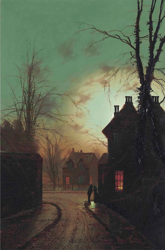 A moonlit scene with a couple conversing on a street corner by Wilfred Jenkins (British artist, lived 1857-1936). “Some ghosts are so quiet you would hardly know they were there.” ― Bernie Mcgill.
