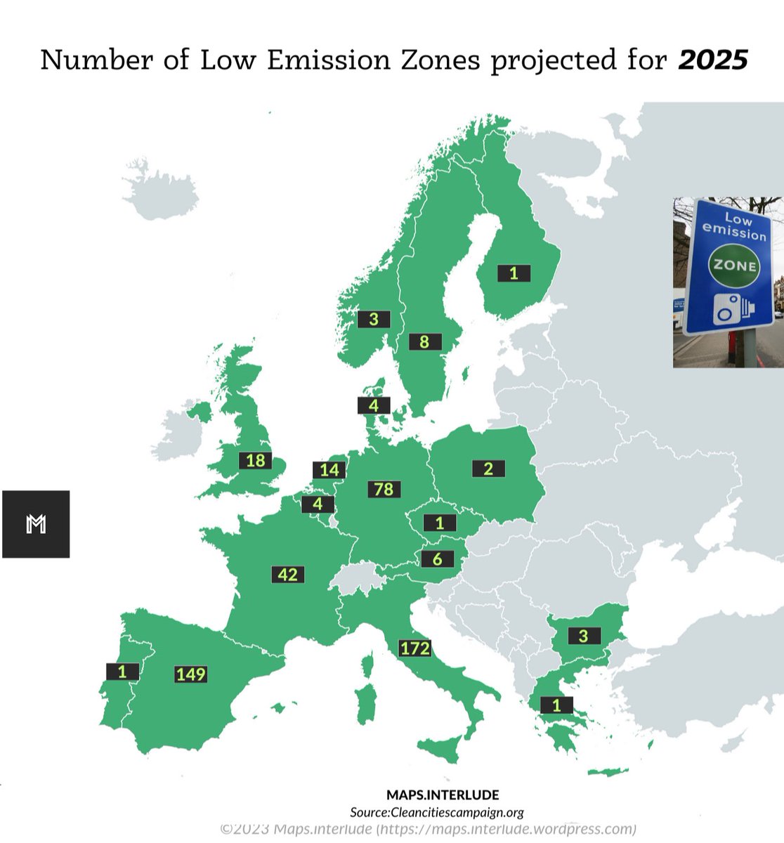 Number of Low Emission Zones projected for 2025 
~
#maps #lowemissionzone #lowemission #geospatial