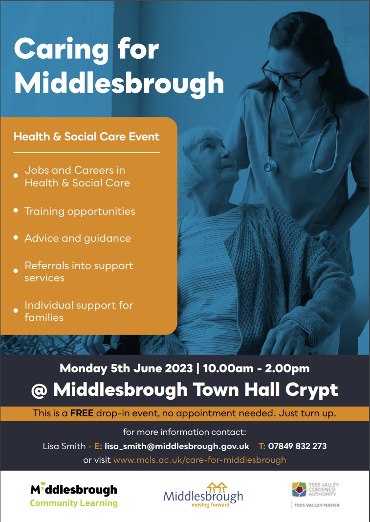 Hello everyone!👋

We will be in Middlesbrough Town Hall on Monday to promote our YEI and the service we can offer, supporting young people to access Health &amp; Social Care careers. 

This is just one of the many areas we can support young people into accessing!

See you there!😁
