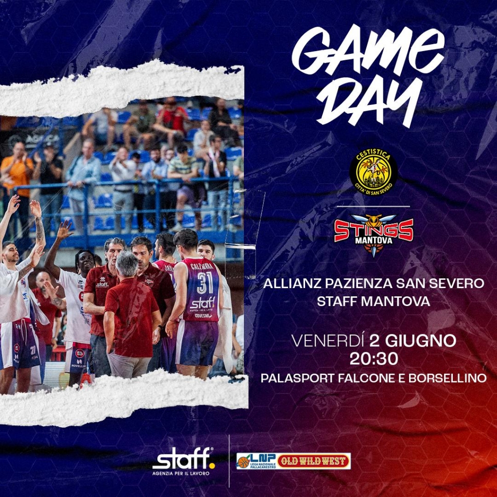 💣 𝙂𝘼𝙈𝙀 𝘿𝘼𝙔  | Gara 3 💣
🗓 Venerdì 3 Giugno
🕗 Ore 20:30
📍 Palasport Falcone e Borsellino
🏀 vs San Severo
💻 Diretta Live su LNP Pass

#goStings #LNP #LaNostraPassione #NoiSiamoMantova
@lnpsocial @staff_spa