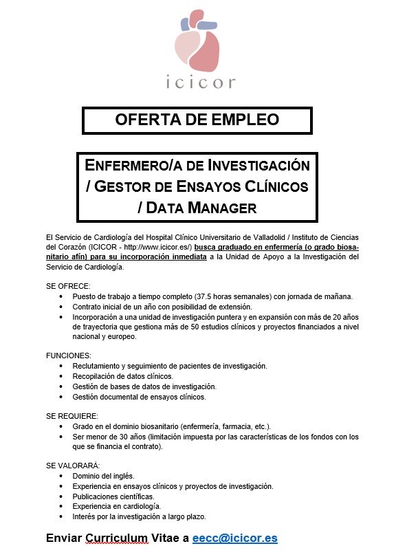 Si tienes un grado biosanitario y te interesa la investigación, aquí tienes una oportunidad para incorporarte a un grupo de investigación cardiovascular potente en Valladolid.

Detalles aquí 👉