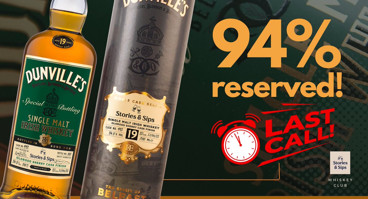 What a busy 12 hours it's been! Demand for our @DunvilleWhiskey has been incredible and we now have 94% of the 229 bottles reserved by Club members. If you'd like to register interest in one of the last bottles from Cask 992 you can do so here: storiesandsips.com/dunvilles-19yr… Sláinte