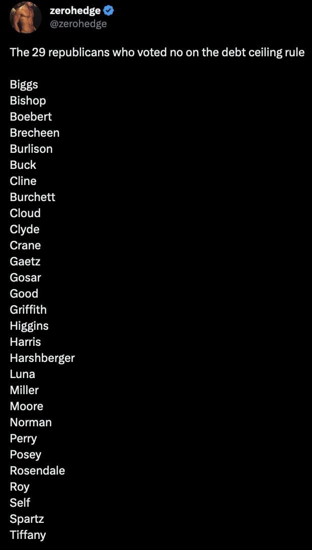 The 29 republicans who voted no on the debt ceiling rule