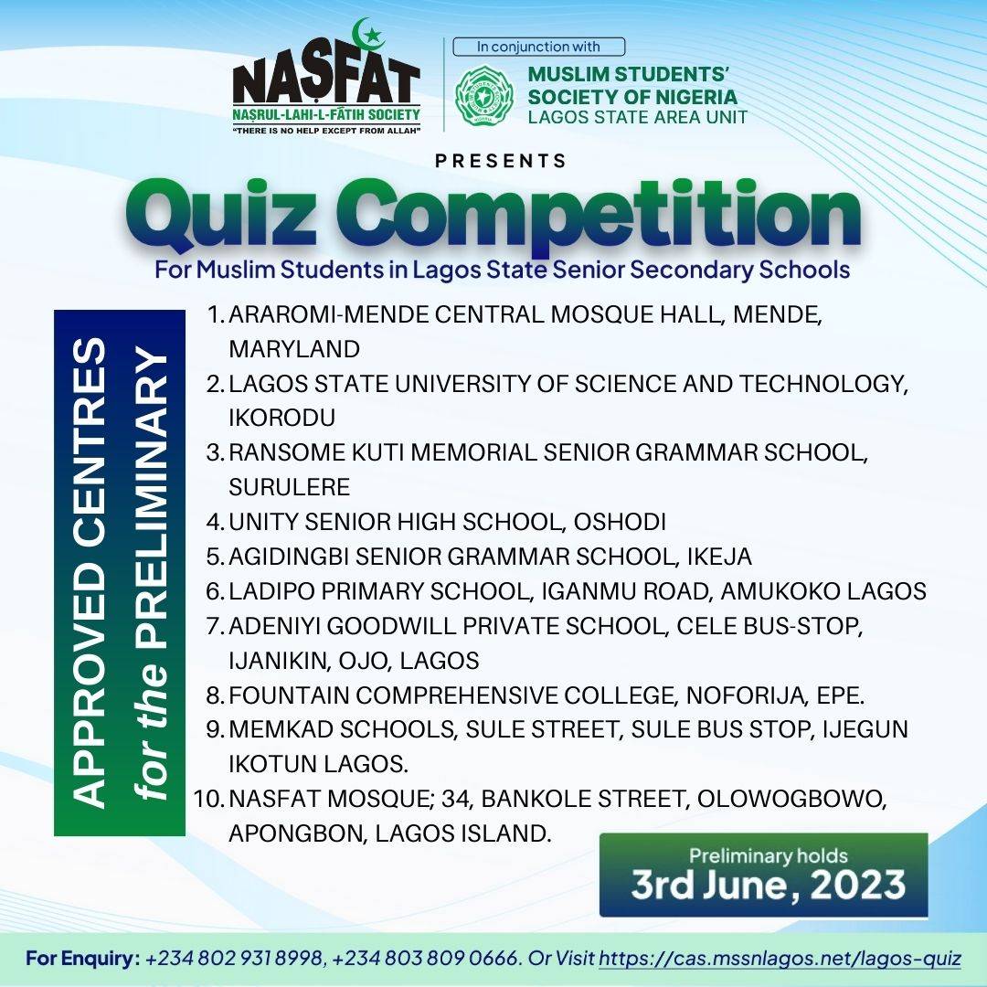 Salam alaykum. 

Here is a list of approved centers for the NASFAT/MSSN quiz competition preliminaries holding tomorrow. Please.

#nasfatHELD 
#NASFATcares