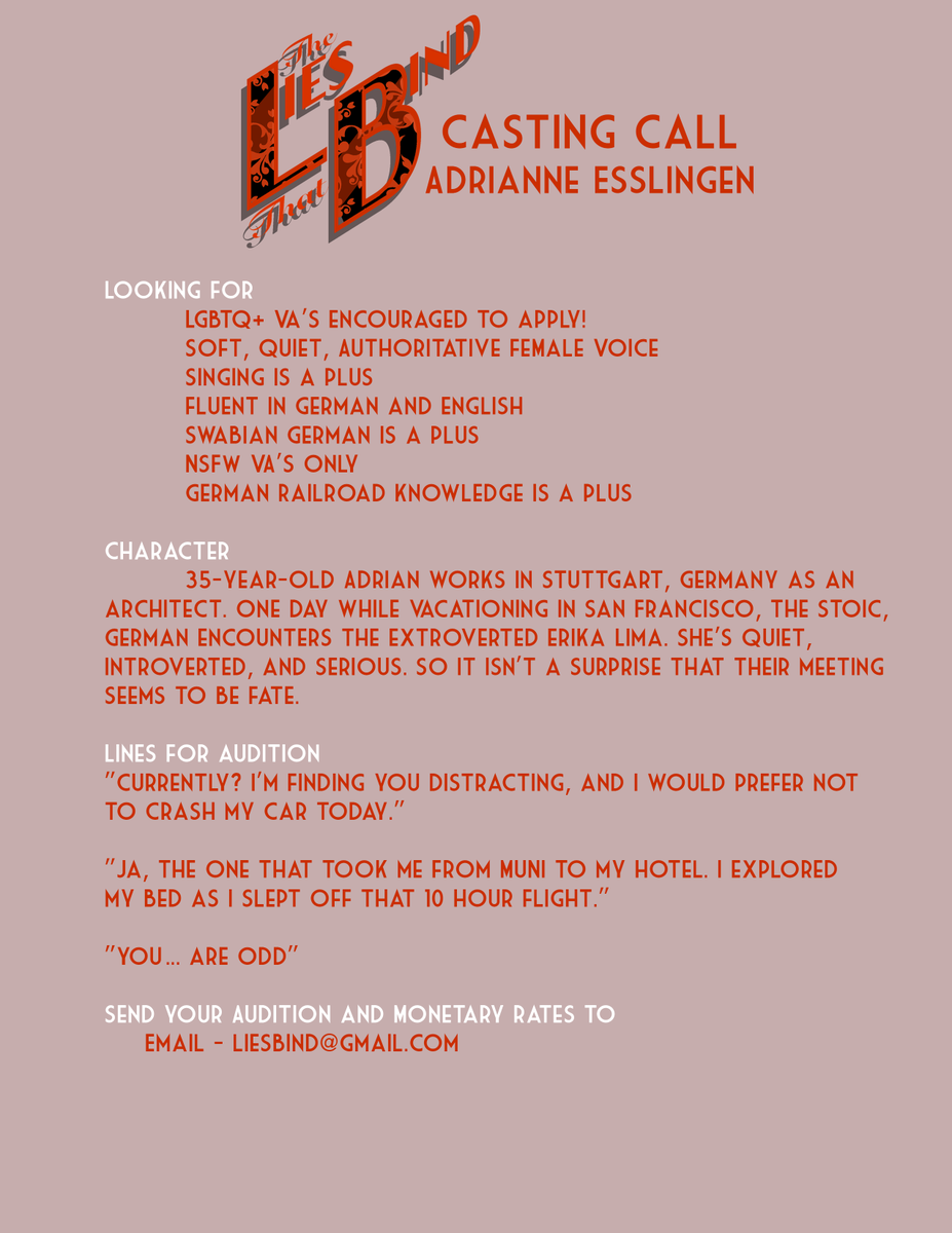 LiesBind's tweet photo. #Theliesthatbind audio drama is looking for a German-speaking, female VA to play Erika's SO for an NSFW project coming out in July, and to join the cast in the main story! Must also be fluent in English, of course. LGBTQ+ VA's encouraged to audition!
#castingcall https://t.co/f1C9MYyHPW