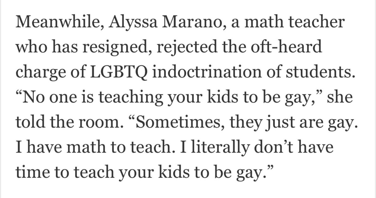 This article about educators resigning in a ruby-red county in front of an ultra r*ght-wing school board now contains my new favorite quote:

“I have math to teach. I literally don’t have time to teach your kids to be gay.”

Link: washingtonpost.com/opinions/2023/…
