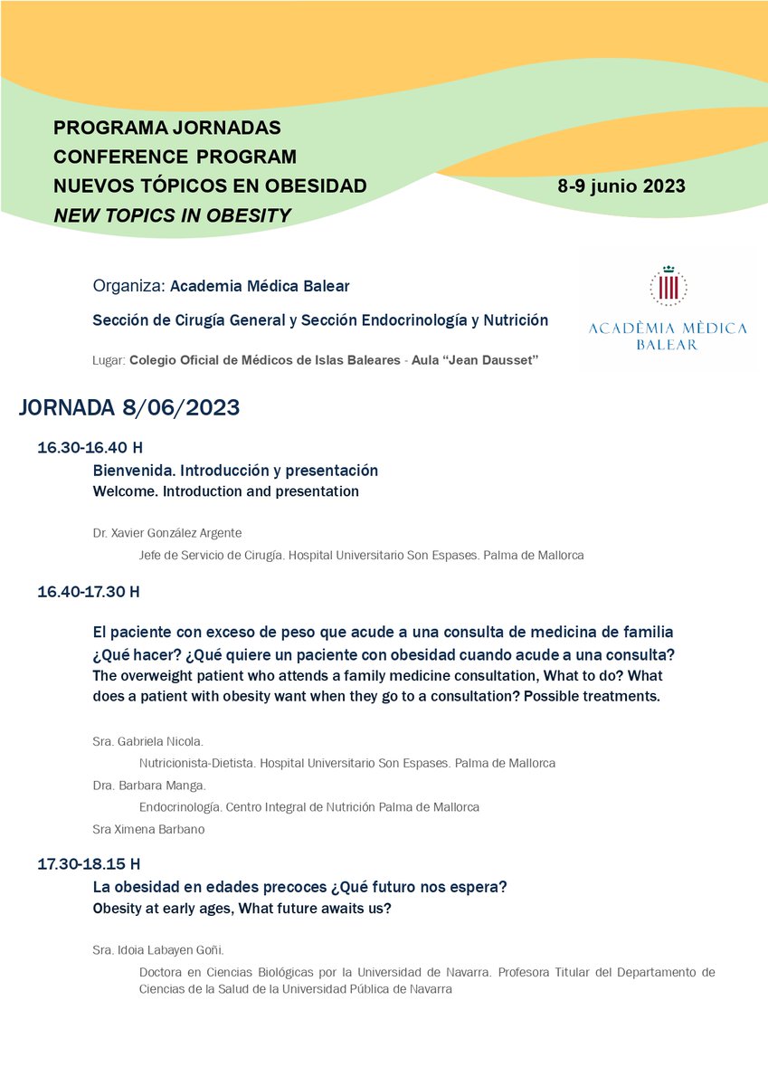 CODNIB (@codnib) on Twitter photo Os recordamos las Jornadas "NUEVOS TÓPICOS EN OBESIDAD" - que tendrán lugar el 8 y 9 de junio en el Col·legi de Metges de les Illes Balears. Accede aquí al programa - webs.academia.cat/activitat/id/2…
Inscripciones (15€ para no socios de la Academia Médica Balear) inscripcions.academia.cat/form.php?id=22… Os recordamos las Jornadas "NUEVOS TÓPICOS EN OBESIDAD" - que tendrán lugar el 8 y 9 de junio en el Col·legi de Metges de les Illes Balears. Accede aquí al programa - webs.academia.cat/activitat/id/2…
Inscripciones (15€ para no socios de la Academia Médica Balear) inscripcions.academia.cat/form.php?id=22…