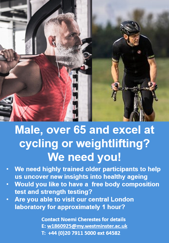 Bradley Elliott (@brads_science) on Twitter photo We're recruiting for > 65 year old males who are strength trained OR cyclists (~ 3 sessions a week). We'll test your fitness & do a hormone panel, in our central London lab, which takes ~1 hour. Any interest, DM or email at b.elliott@westminster.ac.uk.
RT & spread the word! We're recruiting for > 65 year old males who are strength trained OR cyclists (~ 3 sessions a week). We'll test your fitness & do a hormone panel, in our central London lab, which takes ~1 hour. Any interest, DM or email at b.elliott@westminster.ac.uk.
RT & spread the word!