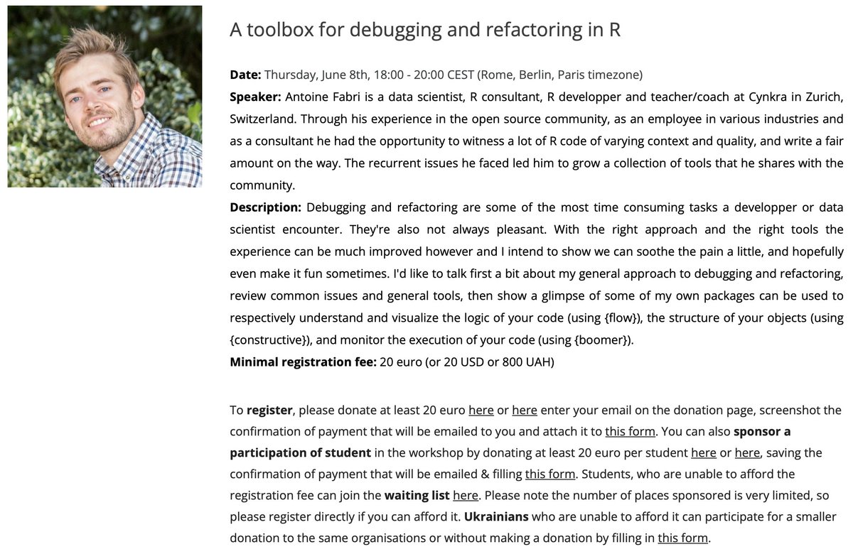 Dear #rstats, I'll be speaking next Thursday 18:00 - 20:00 CEST for the Workshops for Ukraine org about debugging, refactoring, and how my packages {flow}, {constructive} and {boomer} can help. Be sure to join (or/and retweet away) !
sites.google.com/view/dariia-my…