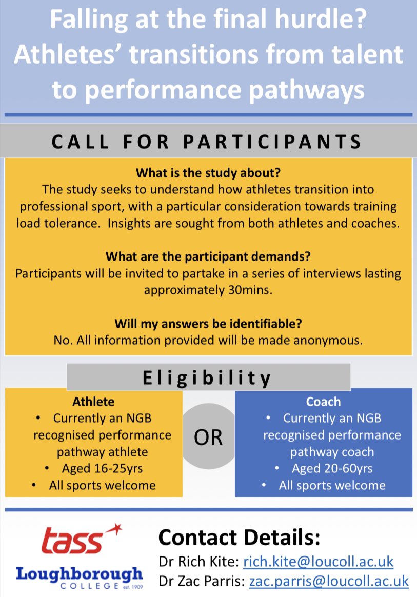 We are recruiting athletes and coaches for a research investigating load tolerance during athlete pathway programme transitions. Please get in contact if you are eligible and willing. Interviews have been around 30mins so far, so not a great demand on time.