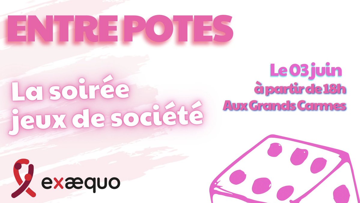 Coucou !  
Ne manquez pas, demain, à partir de 18h, THE famous soirée jeux de société du groupe Entre Potes. Ce sera à Bruxelles, aux Grands Carmes 🌈 (Rue des Grands Carmes 22) !  Rejoignez-nous ! 🎲♠️♟️