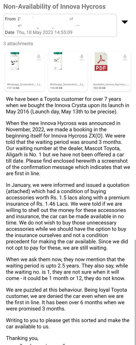 Booked Innova Hycross in nov-22 with waiting no 1. After more than 6 months, still waiting to get the car. Complained through mail on 18may, but still got no response. Is this the way of working of a company like @ToyotaMotorCorp