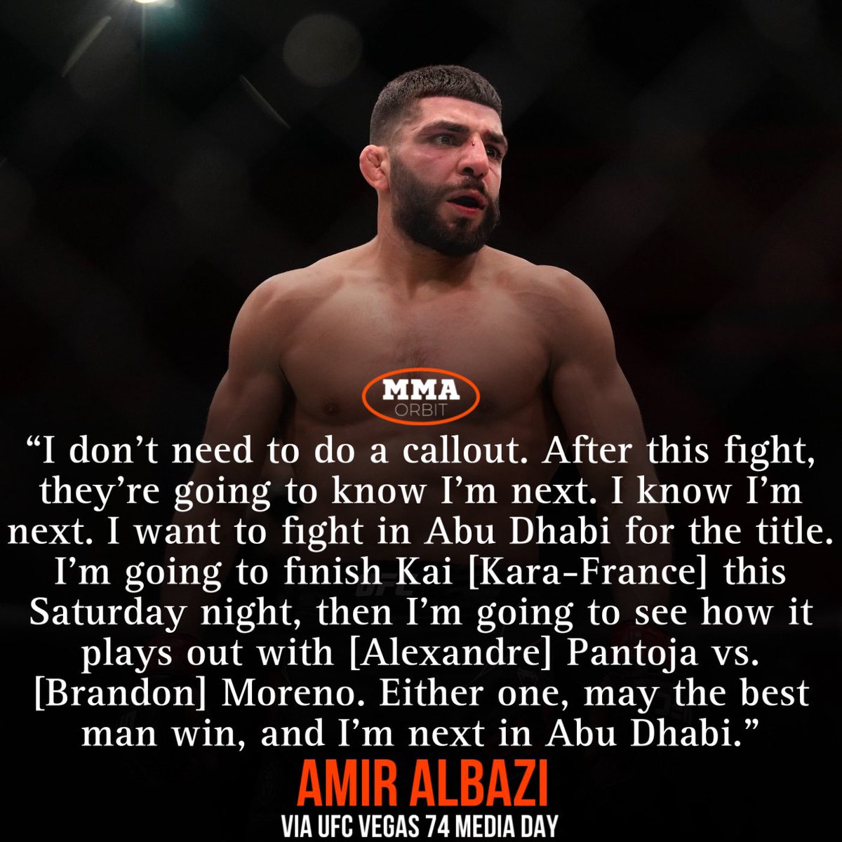 Amir Albazi expects a title shot at #UFC294 in Abu Dhabi with a #UFCVegas74 main event win over Kai Kara-France 🏆