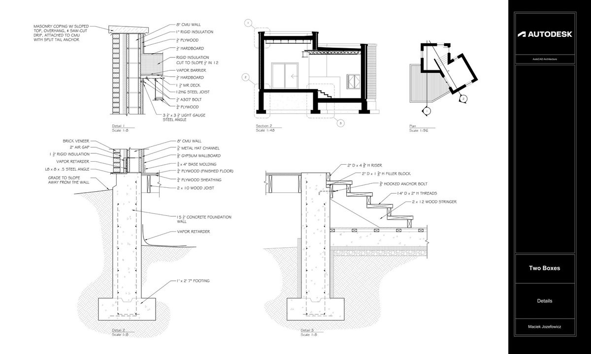 A small plan showing the section cut, a bigger section showing the areas detailed and three large details of the “Two Boxes”. It is standard stuff, nothing of real interest. 

#autocad #archtecture #workingdrawings