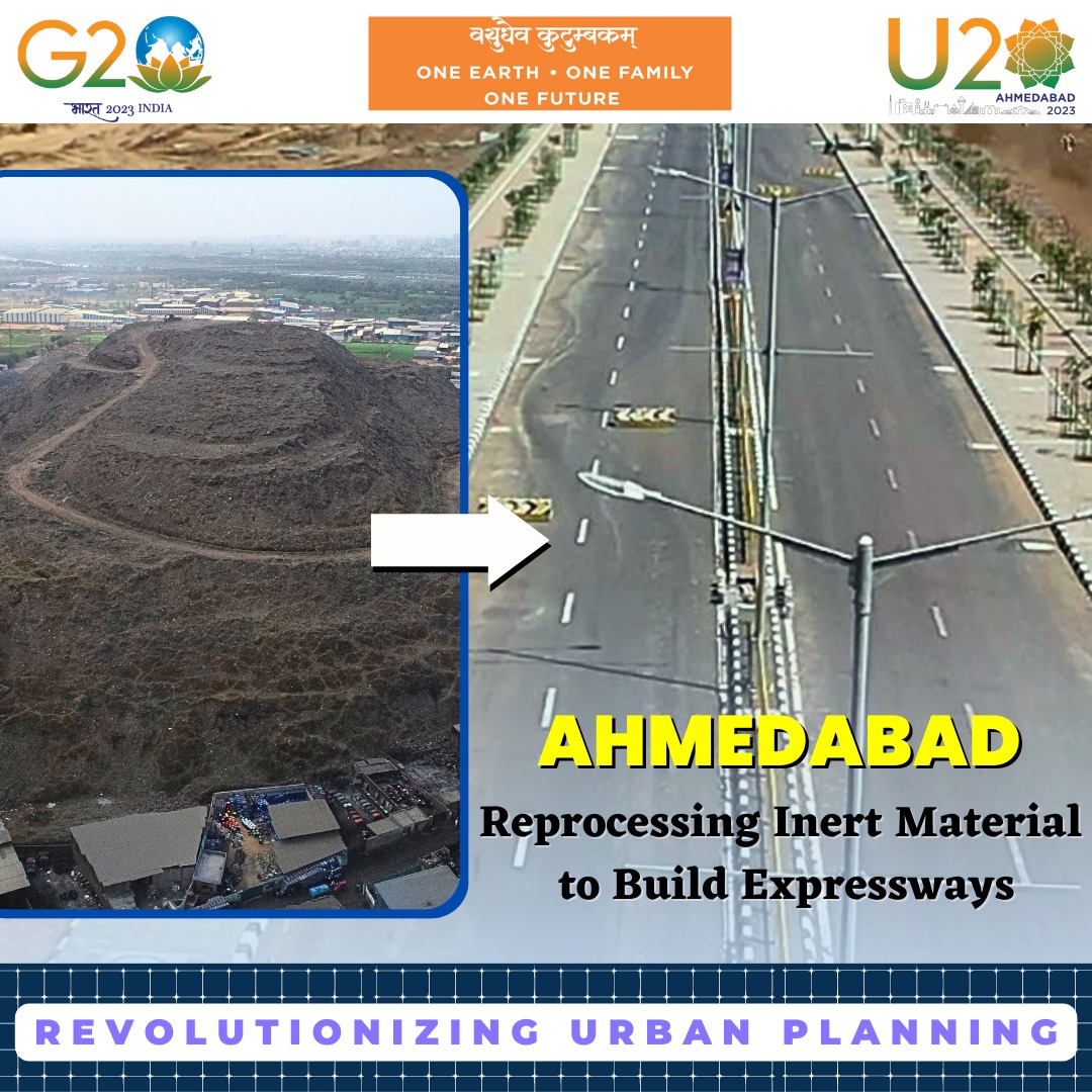 Transforming once discarded materials from Pirana Landfill into concrete roads in Dholera, Ahmedabad showcases its expertise in urban planning for sustainability and waste recycling. ♻️🌇 
#U20Ahmedabad #BioMining #Recycle #UrbanPlanning