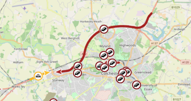 A12 Londonbound – slow traffic from J29 (A120/Ardleigh) to J26 (Stanway) approaching and going through the ongoing roadworks.