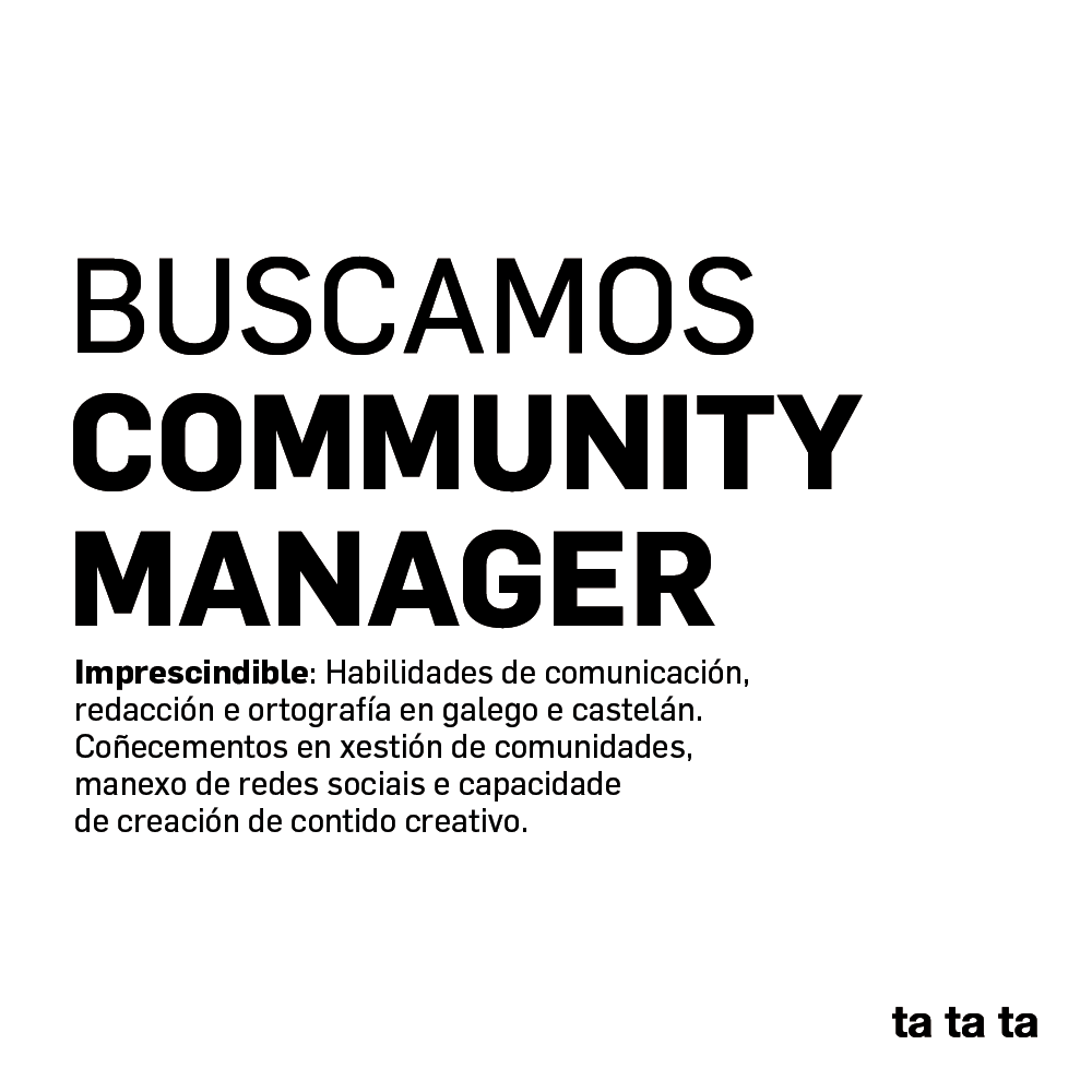 TATATA_info's tweet photo. OFERTA DE #EMPREGO 💼
Buscamos #COMMUNITYMANAGER  📢📲💡 para que se incorpore ao noso equipo como reforzo na tempada de verán.

📨 Mándanos o teu CV a: hola@tatatacomunicacion.com

#emprego #ofertadetraballo #communitymanager #Lugo #Galicia https://t.co/RNhZcpQPEj