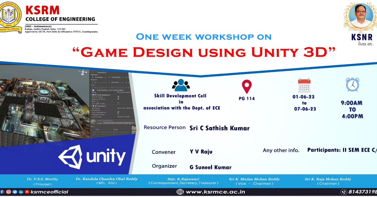 ksrmceofficial's tweet photo. S D Cell in association with the department of ECE is organising a one week workshop on Game Design using Unity 3D from 1 - 7, June 2023

#skilldevelopmentcell #ksrmece #ksrmskilldevelopmentcell #KSRM #ksrmce #kandulagroups #engineering #kadapa #ksrmceclubs #jntua #AICTE #aishe https://t.co/6w0G9WlohU