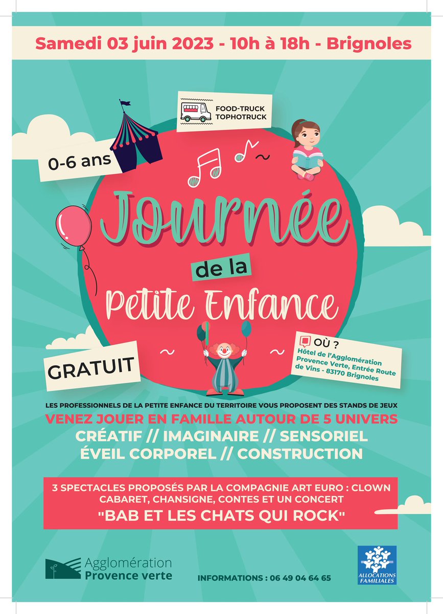 Demain c'est la Journée de la #petiteenfance à #Brignoles : 5 univers pour jouer en famille ainsi que de nombreux spectacles (conte, acrobatie, chansigne, concert) ouverts à tous ! Organisée par  <a href="/AggloProvenceV/">Agglomération Provence Verte</a> et en présence de Michel Unia, président du CA de la Caf83