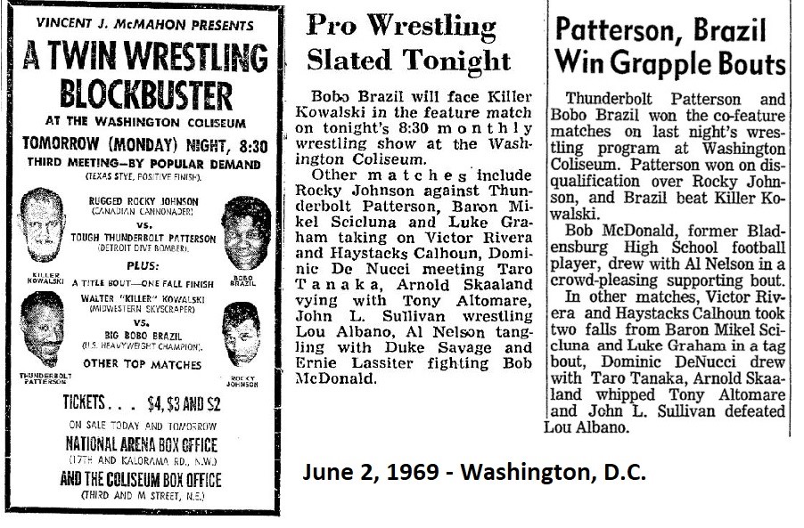 June 2, 1969 at the Coliseum in Washington, DC, two Main Event matches are on tap - U.S. Champion Bobo Brazil defends against Killer Kowalski, and Thunderbolt Patterson takes on Rocky Johnson! https://t.co/Ya9ZVOeAgi