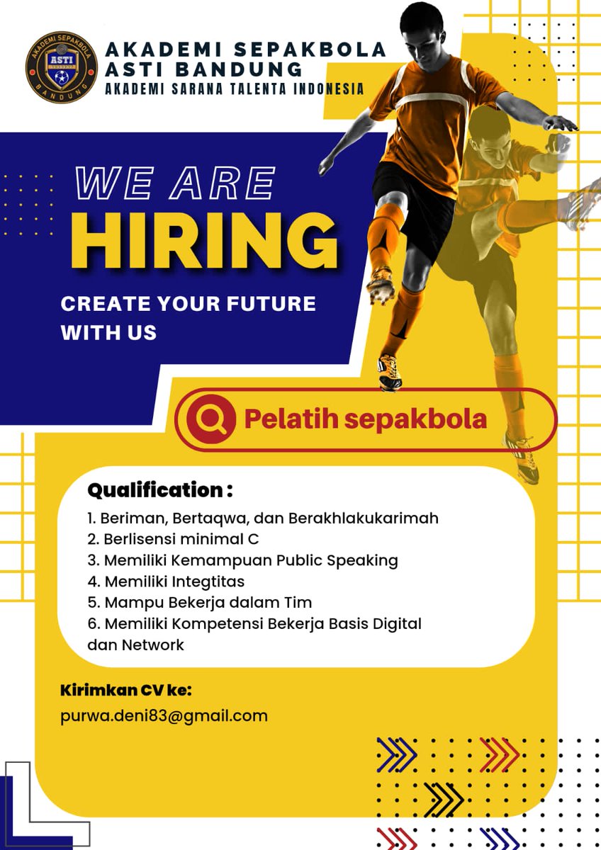Lowongan pelatih akademi. Jakarta, Tangerang, Bandung, Kediri. Monggo yang berminat. 👇

Cc <a href="/hrdbacot/">HRD BACOT</a> 😬
