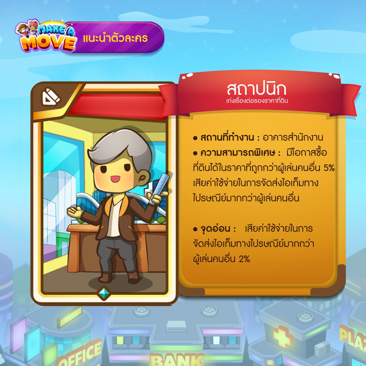 makeAmove_game's tweet image. ขอแนะนำอาชีพในเกม
เริ่มแรกของเกมผู้เล่นแต่ละคนจะได้รับการ์ดอาชีพของตนเอง โดยแต่ละอาชีพจะมีฐานเงินเดือนและสวัสดิการที่แตกต่างกัน ซึ่งทำให้ผู้เล่นแต่ละคนมีค่าใช้จ่ายในสัดส่วนที่ไม่เท่ากัน -
ทดลองเล่นเกมได้ที่ forms.gle/dgsXehicFgtPYz…
--------
#MakeAMove #CMDF #เกมมือถือ #เกมออนไลน์
