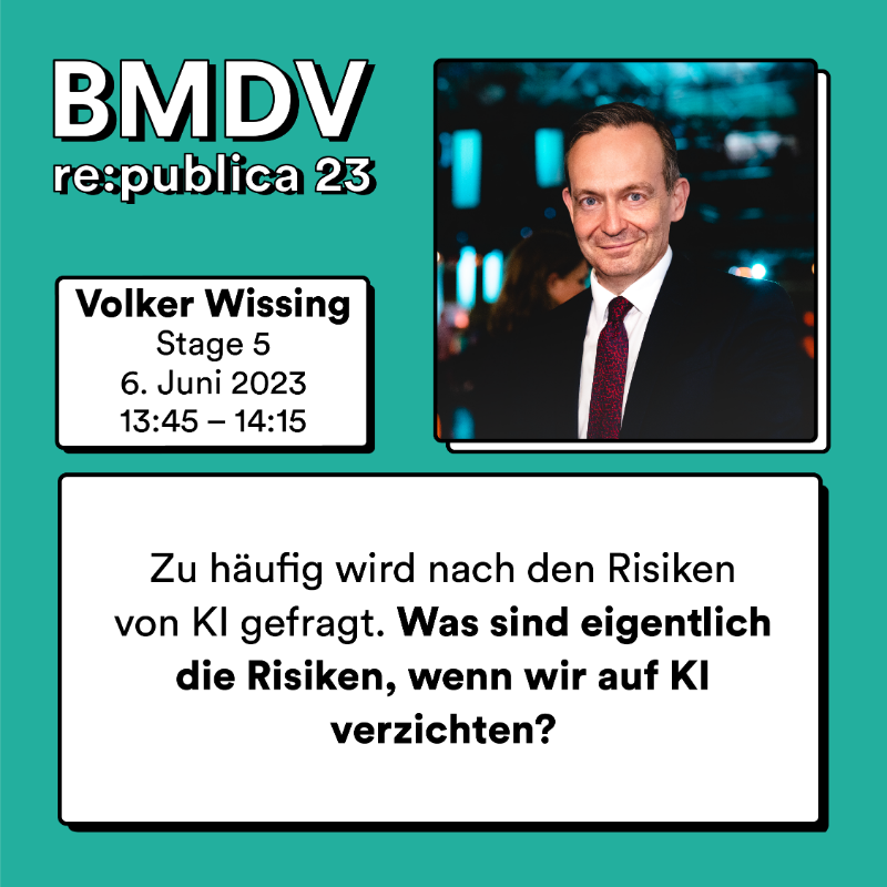 #KI, nationale und internationale #Digitalstrategie und Netzausbau. Wo stehen wir 2023 mit der #Digitalisierung in Deutschland? Darüber diskutiert Volker @Wissing mit @netzpolitik am 6.6. um 13:45 Uhr auf der @republica! #rp23 #CASH