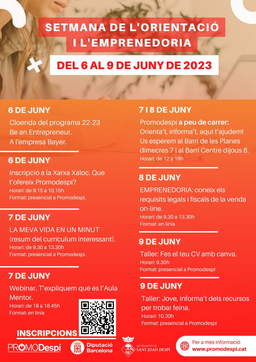 📢 Aprofita! Del 6 al 9 de juny celebrem la setmana de l'orientació i de l'emprenedoria. Aquí tens el programa amb tota la informació que necessites per saber on trobar-nos.  Enllaç inscripció: forms.gle/x4wGpnfWLGK5a2…