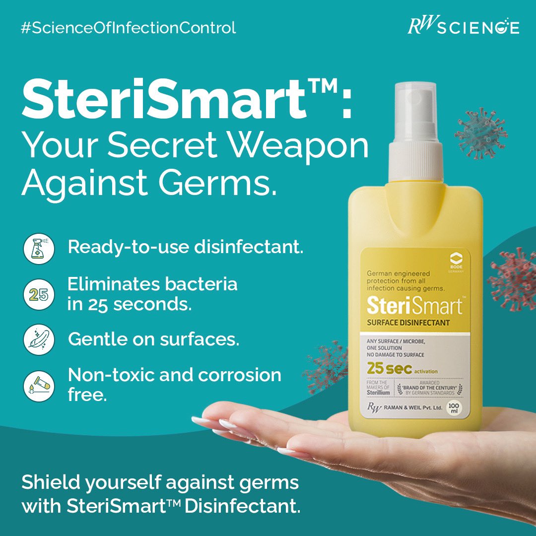 Stay Germ-free and protected with SteriSmart disinfectant.
Get SteriSmart and shield yourself from the invisible threats.

#HealthAndHygieneBlunders #CleanHandsSaveLives #StaySafe #RWScience #TrustInScience #ScienceofInfectionControl #germprotection #corrosionfree #sterismart