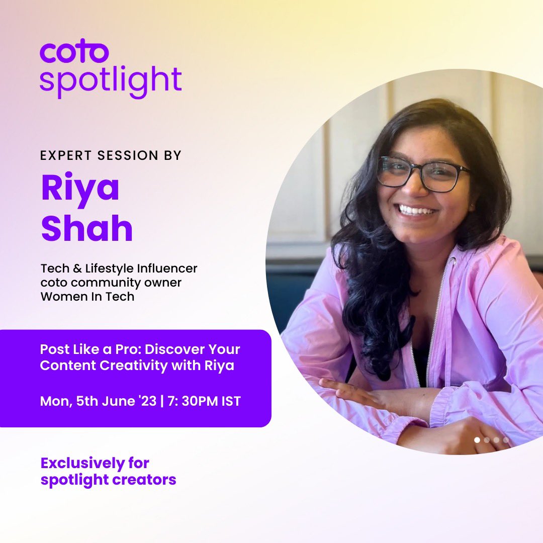 cotoapp's tweet image. 📣Join Riya Shah for an insightful session in our spotlight program on Monday!

Discover #ContentCreativity with Riya as she shares valuable tips and tricks to elevate your game.🚀

📅Date: Monday, 5 June 2023
⏰Time: 7:30 pm IST 
🖥️Platform: us06web.zoom.us/j/89347195497

#coto