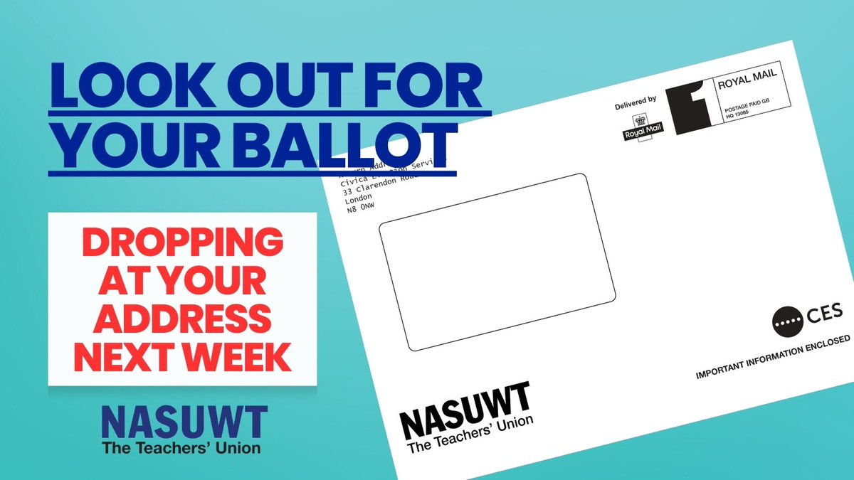 NASUWT's tweet photo. Ballot papers will start being sent out tomorrow to members in state-funded schools in England.

Look out for your ballot in the post next week.

Vote YES YES to help secure the better deal you deserve on your pay, workload &amp; working hours. 

#betterdealforteachers https://t.co/jKBr1p2Mix