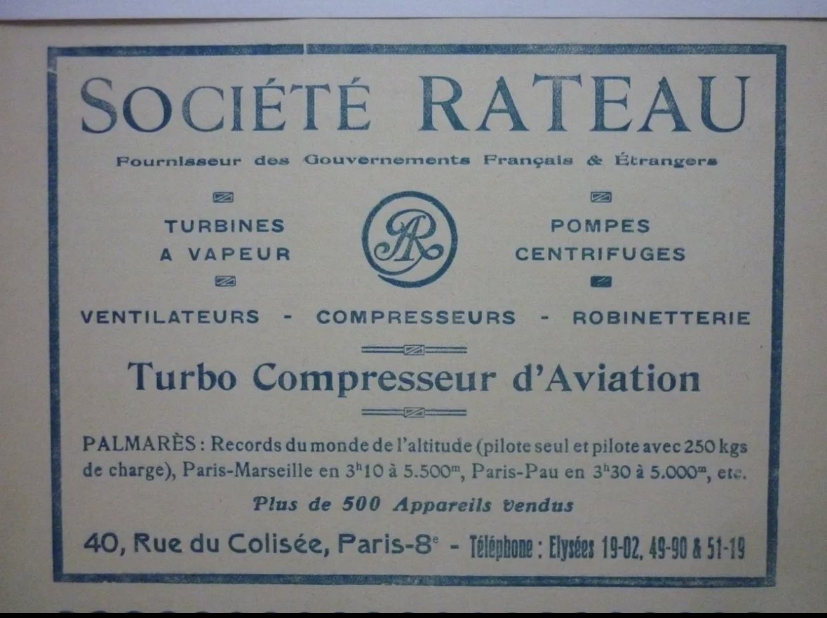 @AviationMarlene no surprise that it was Rateau being involved in such complex design, their vast experience in steam turbines as well as aircraft engine turbochargers was a good foundation.

Also see this ad from the mid-20ies: