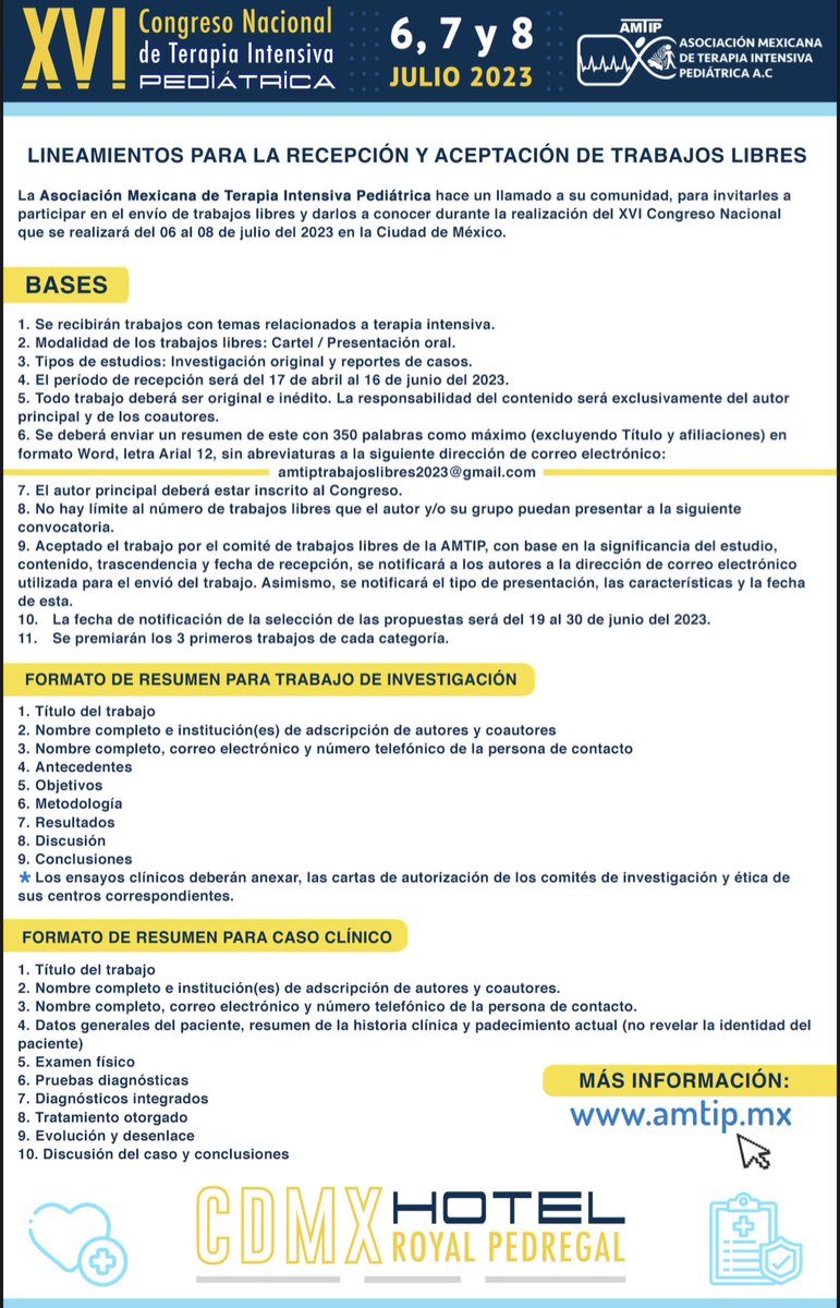 ¡El dia límite para enviar carteles es el día 16 de junio del 2023!

Estamos cercanos al Congreso Nacional de Terapia Intensiva Pediátrica que se celebrará el día 6-8 de julio del 2023 en el Hotel Royal Pedregal. Información al correo electrónico amtiptrabajoslibres2023@gmail.com