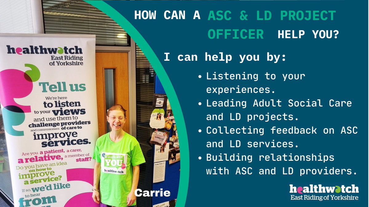 🎉 Meet Carrie, our ASC & LD Project Officer! Carrie leads Adult Social Care (ASC) and Learning Disabilities (LD) projects to improve your experiences. Let her help you by listening, leading projects, and collecting feedback. #Healthwatch #EastRiding