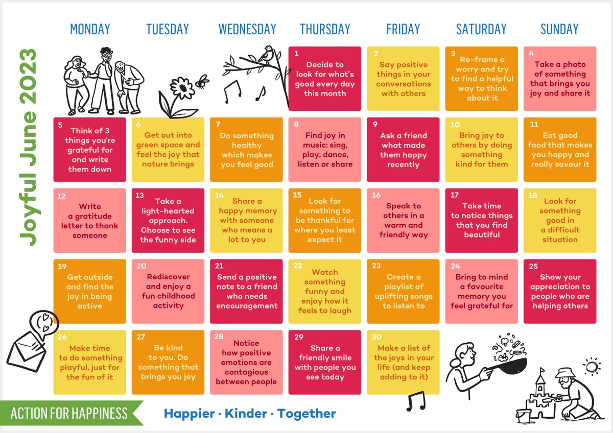 The beginning of a new month wouldn't be complete without the #ActionforHappiness Calendar. Their #JoyfulJune calendar is full of great ways to build positive emotions. Share it with others to give them a boost too.