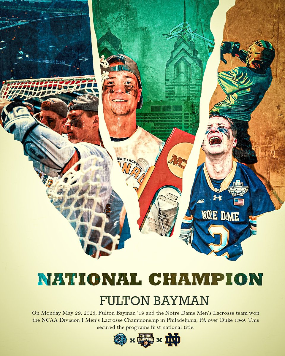 Play like a champion today and every day after that!!

Congrats to Fulton Bayman ‘19 and @NDlacrosse on winning their first national championship earlier this week. 

#GOLIONS | #GoIrish☘️ 

📸:  @FightingIrish | @mleffphoto | Getty Images 