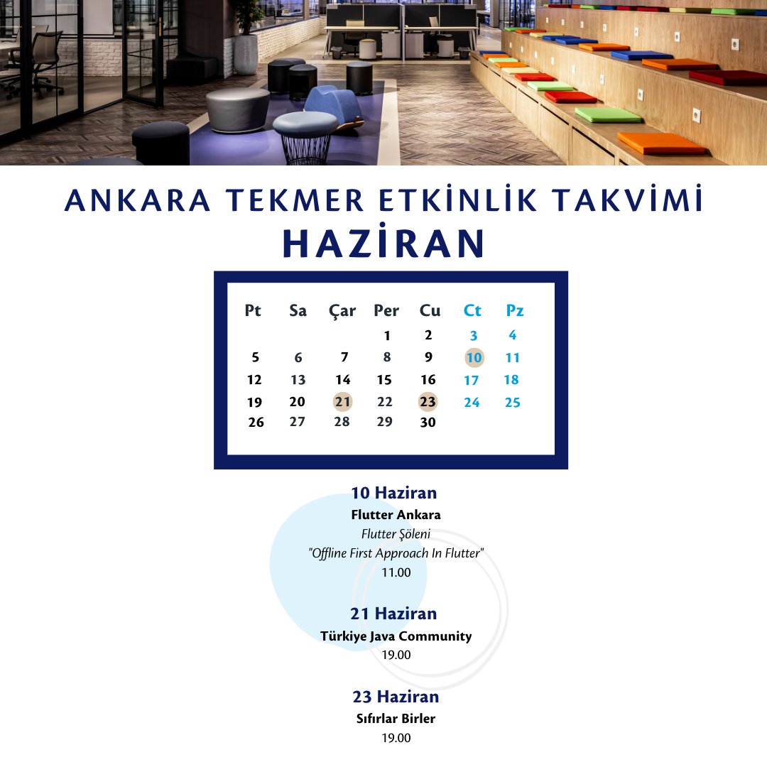 🚀Girişimciliğin merkezi Ankara TEKMER’de birbirinden keyifli etkinlikler her zaman olduğu gibi bu ay da sizi bekliyor!  

📌Etkinliklerin kayıt linklerine hesabımızdan veya toplulukların kendi sosyal medya hesaplarından ulaşabilirsiniz. 

 #ankaratekmer #tekmer