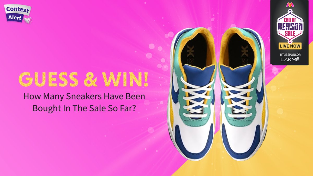 myntra's tweet photo. Guess the No. of Sneakers bought so far in the Sale &amp; 1 winner stands a chance to WIN a Myntra Gift Voucher of Rs.15K. Multiple guesses are allowed!  Use #Day2OfMyntraEORS #GreatDealsOnMyntraEORS + follow
@myntra
to qualify. https://t.co/X9Z6MnQUmJ
