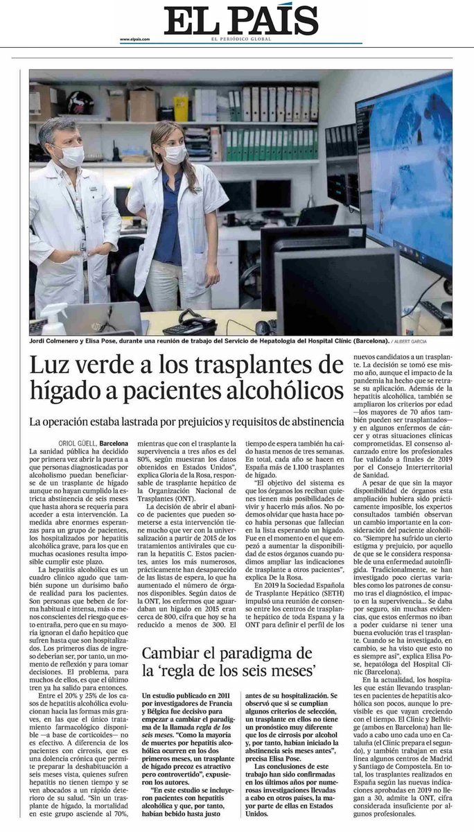 AEEHLiver's tweet photo. 📰 La sanidad pública española cambia el paradigma de la regla de los 6 meses para que las personas diagnosticadas con enfermedad hepática por alcohol puedan beneficiarse de un trasplante de hígado. Vía @oriol_guell @el_pais

#livertwitter https://t.co/NyU1l0bh4C