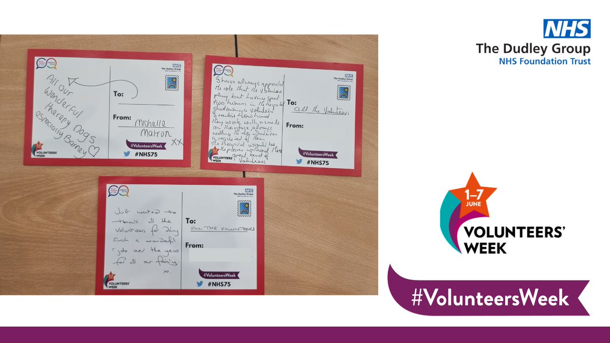 Some wonderful thanks left on our postcards in the hub from visitors and staff for our volunteers and Barney the therapy dog! @NCVO @DgftVolunteers @MarySextonNHS @DudleyGroupCEO @jillfaulkner65 
#VolunteersWeek