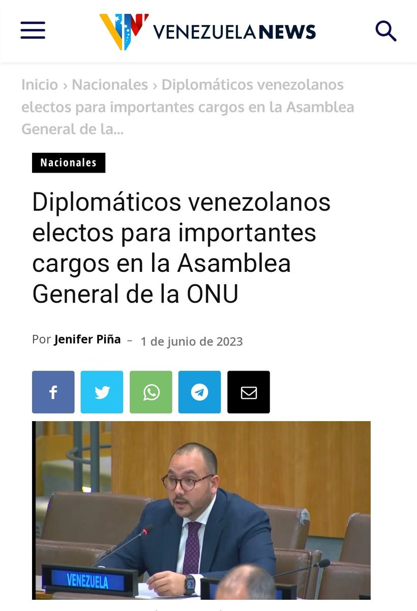 #LOULTIMO 🚨 
Funcionarios diplomáticos venezolanos resultaron electos por aclamación para ocupar importantes cargos en la Asamblea General de la Organización de las Naciones Unidas (#ONU) 

#IntegracionEnLaDiversidad 
#donnalisi #FreeAlexSaab 
venezuela-news.com/diplomaticos-v…