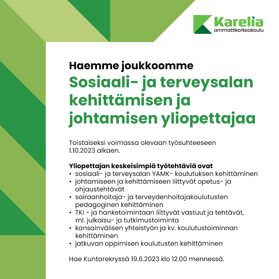 Karelia_amk's tweet photo. Haemme joukkoomme Sosiaali- ja terveysalan kehittämisen ja johtamisen yliopettajaa toistaiseksi voimassa olevaan työsuhteeseen 1.10.2023 alkaen.

Jätä hakemus ansioluetteloineen maanantaihin 19.6.2023 klo 12.00 mennessä Kuntarekryssä:
https://t.co/BP4FVmruUE https://t.co/aNdhmKb2Se