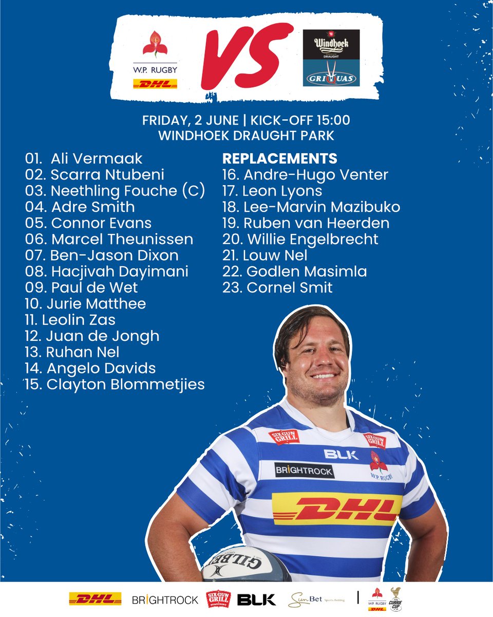 🇨🇭 GLOBAL SPORTS CARLING CURRIE CUP 🏆 🏉

Tighthead prop Neethling Fouche will lead DHL Western Province in their Currie Cup match in Kimberley this afternoon. 🔵⚪️

📢 Team announcement bit.ly/3WFZvx7

#wpjoulekkerding #dhldelivers