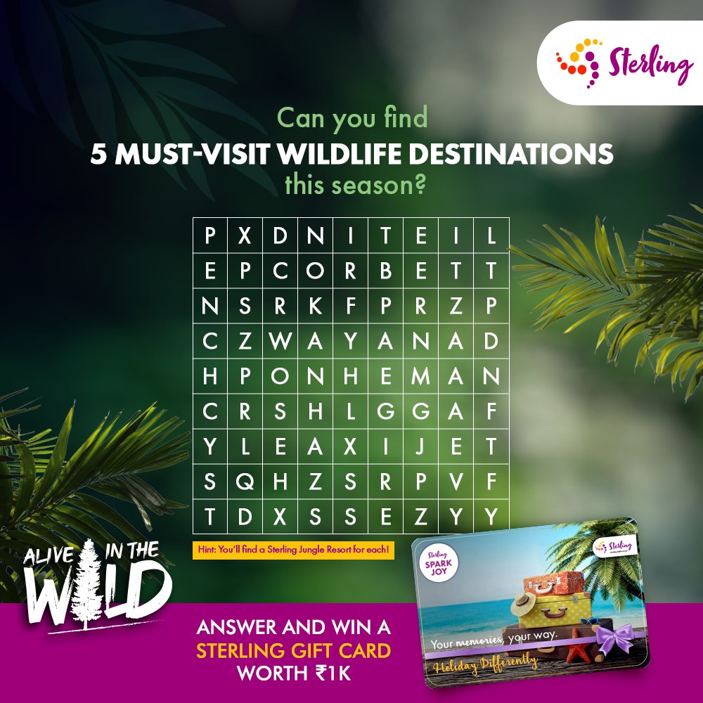WorldOfSterling's tweet photo. It’s time to feel #AliveInTheWild! Wilderness is calling, and we’re all set to host you at our jungle resorts - all you have to do is comment some of the famous wilderness destinations hidden in the grid, and you can win a Sterling Gift Card worth ₹1k!
#SterlingHolidays https://t.co/8BaLefucs1