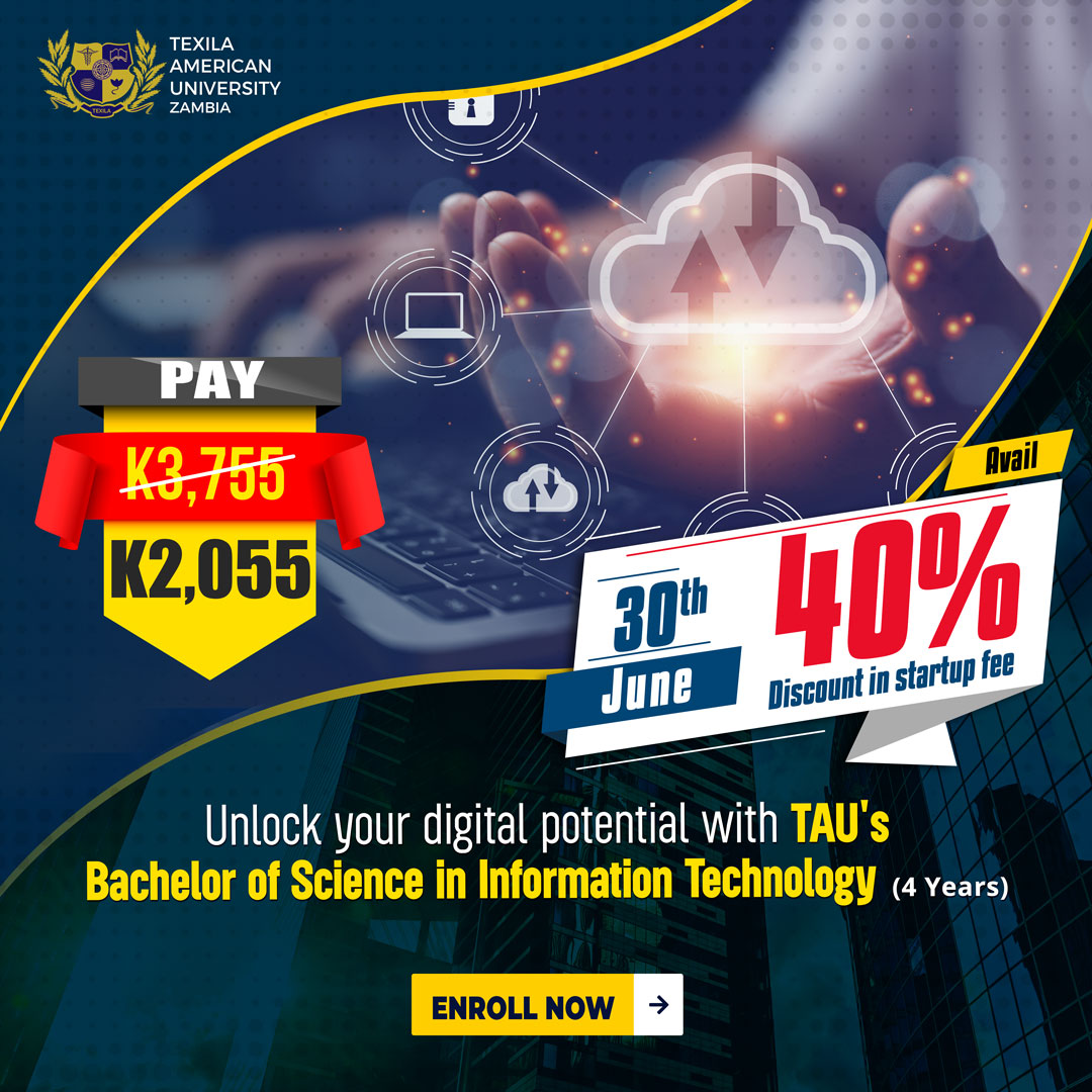 TAU's Information Technology courses in Zambia are one of the most in-demand bachelor’s degree.
Now available with an early bird offer! Hurry!

Enroll now - zm.tauedu.org/tau-zambia-joi…

#Texila #texilaamericanuniversity #bachelorofscience #informationtechnology #ITprofessional