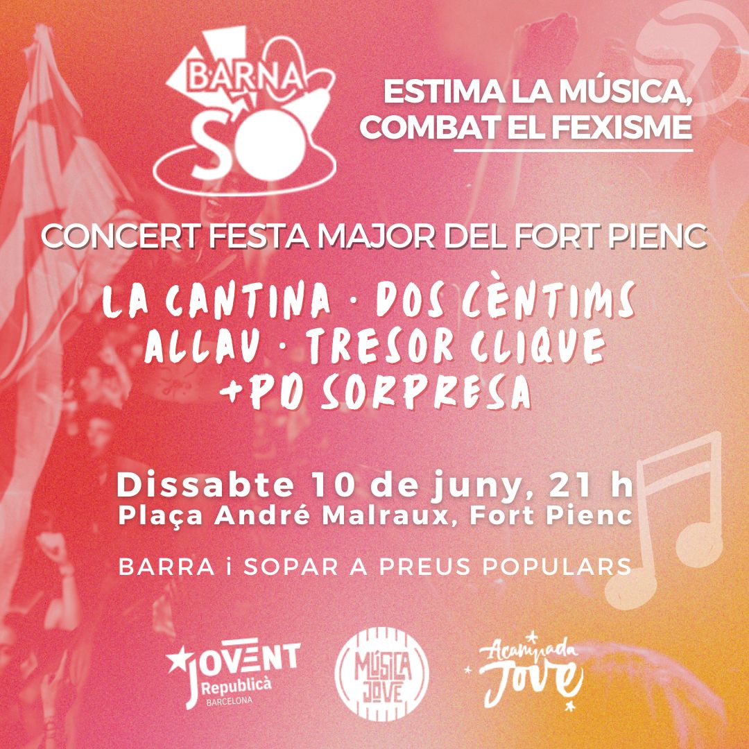 BarnaSoMJ's tweet photo. 📢 Torna el BarnaSo a la Festa Major del Fort Pienc, i torna el concurs de grups de música novells #BarnaSo2023 🎶

Guarda't la data i, més que mai, estima la música i combat el feixisme! ✊❤️‍🔥 https://t.co/k0F3XvKNsZ