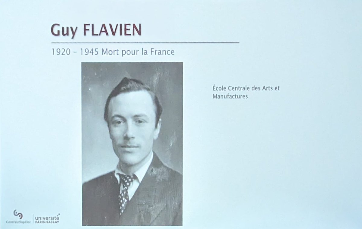 cagnol's tweet image. On June 1, @CentraleSupelec honored Guy Flavien, a WWII hero who started his engineering studies at Centrale Paris. His journey was tragically interrupted when he was deported. Guy Flavien's diploma was presented to his family in a moving ceremony #RememberingHeroes #MemorialWeek
