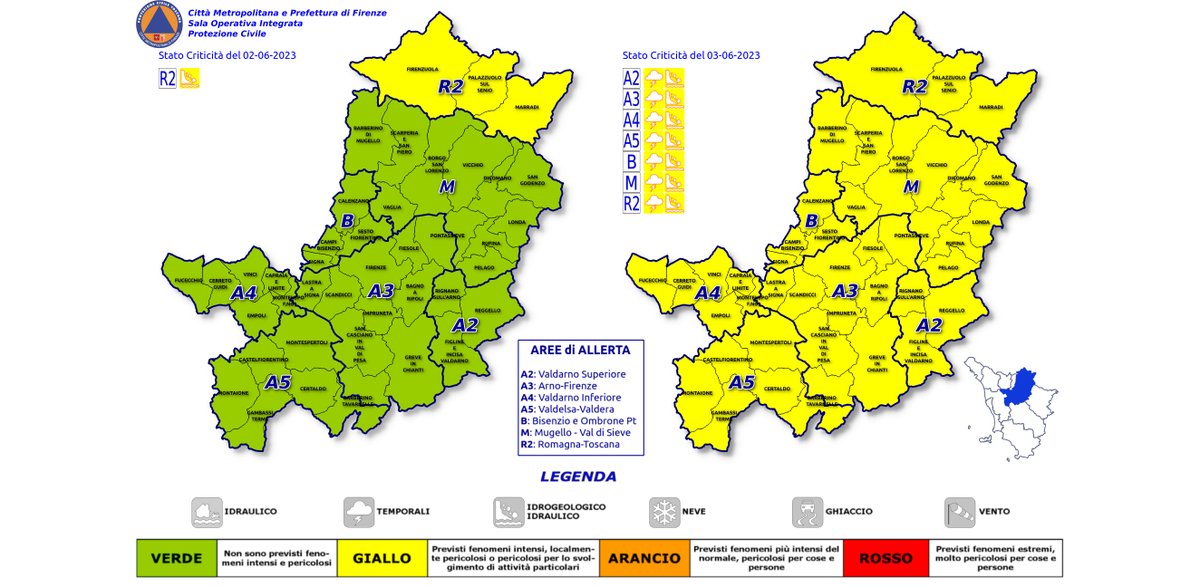 #MetroFirenze #AllertaMeteoTOS #CodiceGiallo #rischio #Idrogeologico-Idraulico, oggi, 2/6, sulla Romagna-Toscana, domani 3/6 su tutte le aree. Domani 3/6 #CodiceGiallo #rischio #Temporali Forti su tutte le aree.
